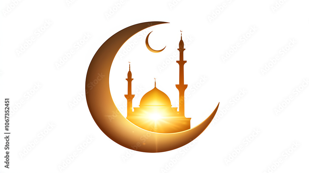 Moonlit Emblem: The mosque icon glows softly under a moonlit sky. The crescent moon hovers nearby, connecting earth and heaven. isolate on white background Moonlit Emblem: The mosque icon glows softly under a moonlit sky. The crescent moon hovers nearby, connecting earth and heaven. isolate on white background
