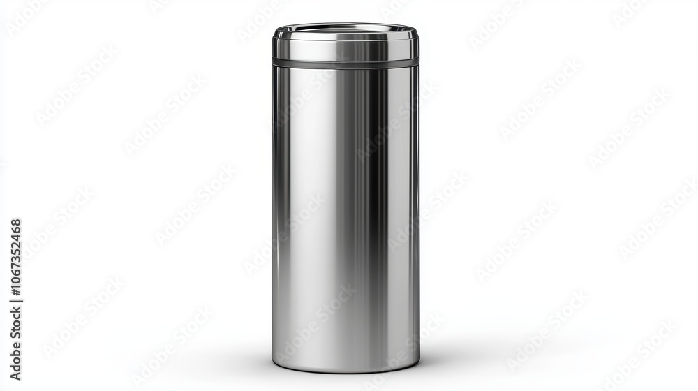A silver trash can is sitting on a white background A silver trash can is sitting on a white background