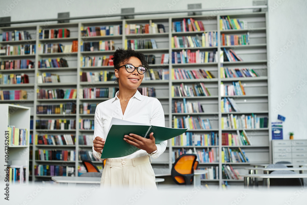 An enthusiastic teacher inspires students while standing confidently in a bright library. An enthusiastic teacher inspires students while standing confidently in a bright library.