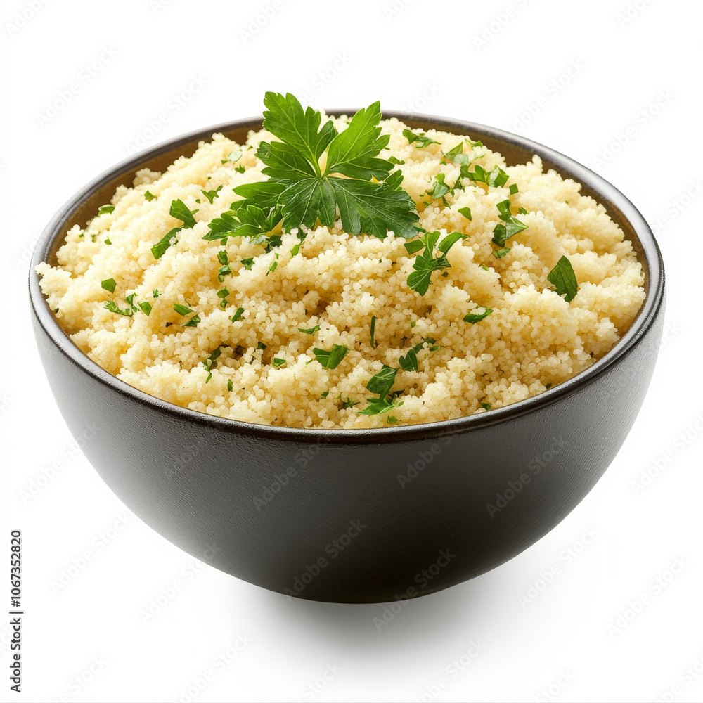 A bowl of couscous with fresh herbs, isolated on a white background, highlighting a versatile side dish A bowl of couscous with fresh herbs, isolated on a white background, highlighting a versatile side dish