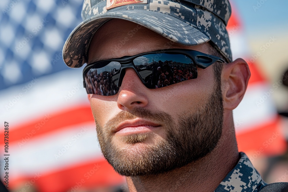 A close-up of a soldier standing at attention in front of a large American flag, surrounded by a crowd paying tribute A close-up of a soldier standing at attention in front of a large American flag, surrounded by a crowd paying tribute