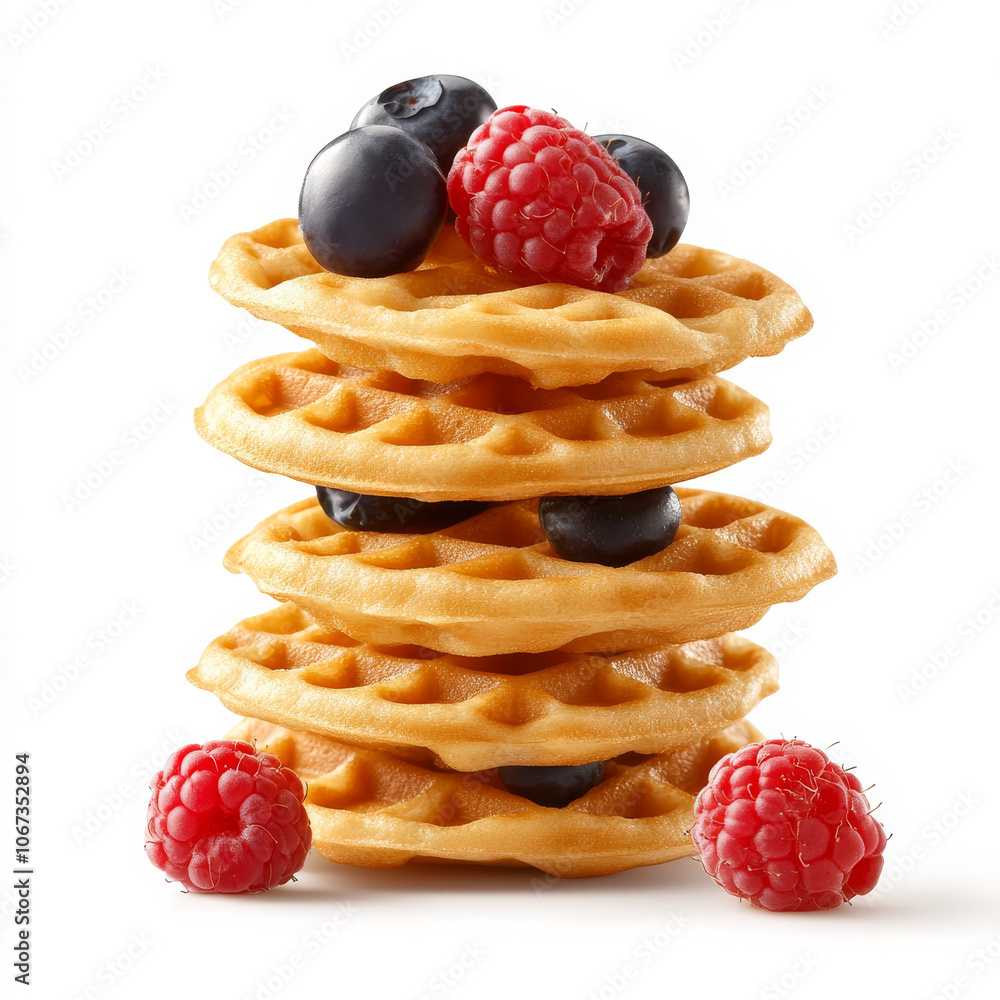 A stack of mini waffles with berries on top, isolated on a white background, showcasing a sweet and fun breakfast option