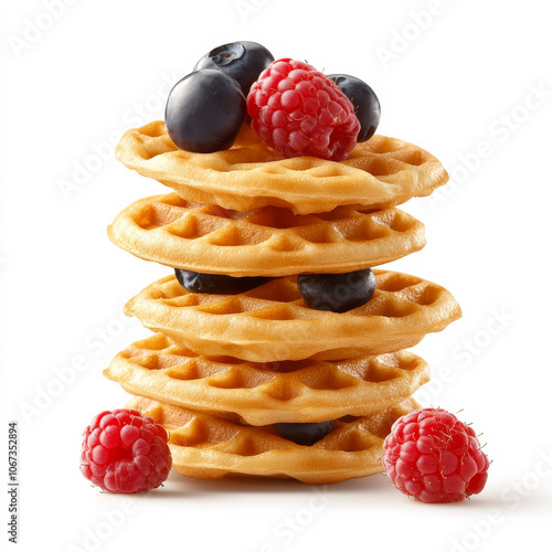 Obraz na płótnie A stack of mini waffles with berries on top, isolated on a white background, showcasing a sweet and fun breakfast option w salonie
