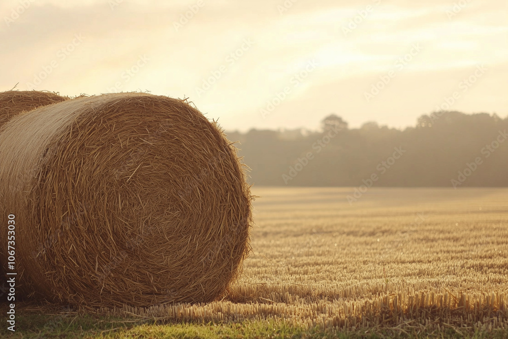 Landscape view of harvest season with hay bale on grass field, Selective focus roll of hay bale for animal feeding in farmland. Landscape view of harvest season with hay bale on grass field, Selective focus roll of hay bale for animal feeding in farmland.