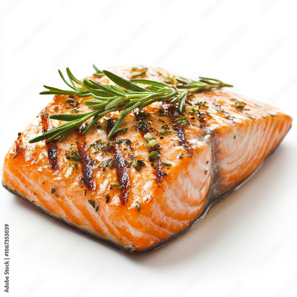 A piece of grilled salmon filet with herbs, isolated on a white background, emphasizing a healthy and flavorful meal