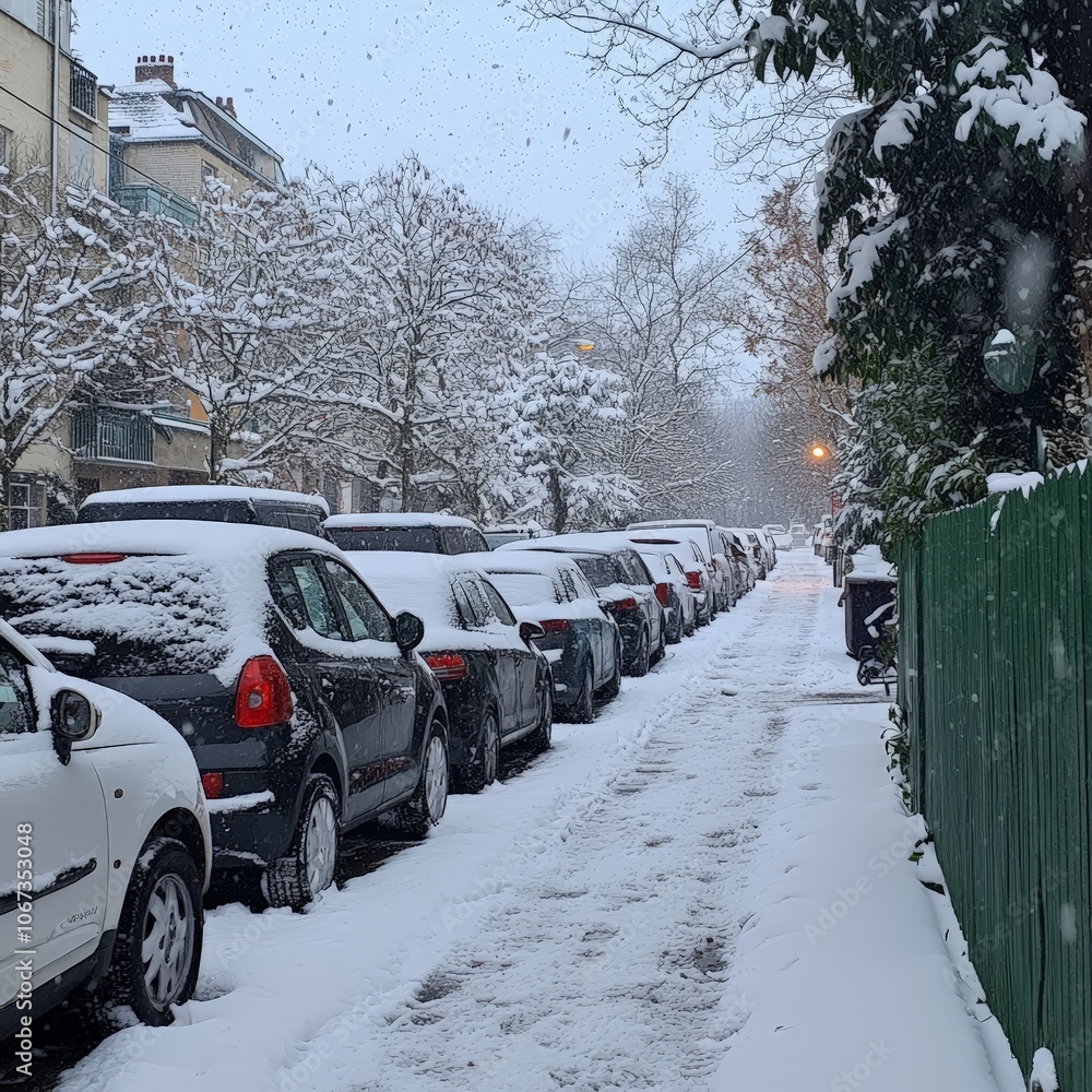 Winter traffic jam on snow-covered road, cars stuck in snowstorm, challenging driving conditions Winter traffic jam on snow-covered road, cars stuck in snowstorm, challenging driving conditions