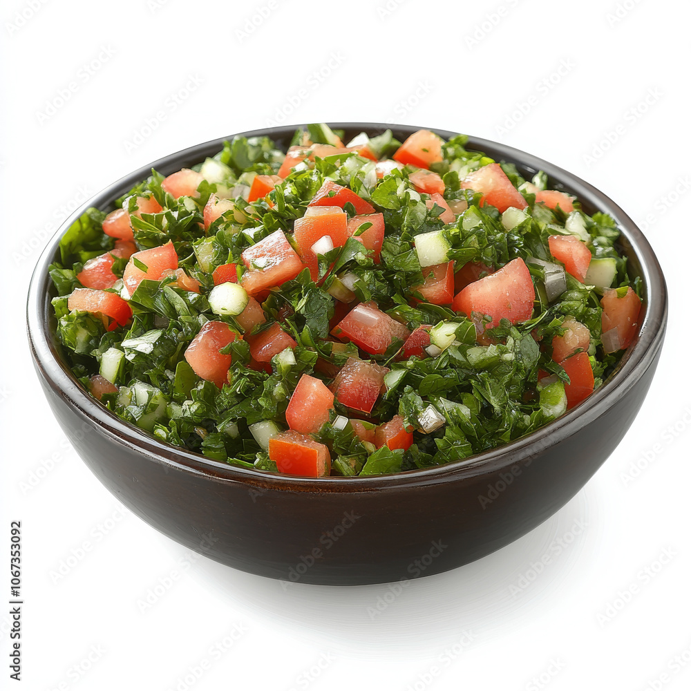 A bowl of tabbouleh salad with parsley and tomatoes, isolated on a white background, showcasing a refreshing Mediterranean dish A bowl of tabbouleh salad with parsley and tomatoes, isolated on a white background, showcasing a refreshing Mediterranean dish