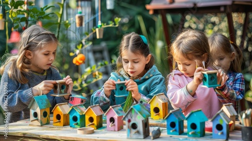 Children crafting birdhouses out of wood and paint, getting ready to hang them in the garden photo