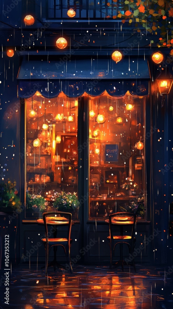 Fototapeta premium Droplets on Cafe Window, Warm lights illuminate cozy ambiance, intricate patterns emerge on glass, inviting atmosphere for relaxation