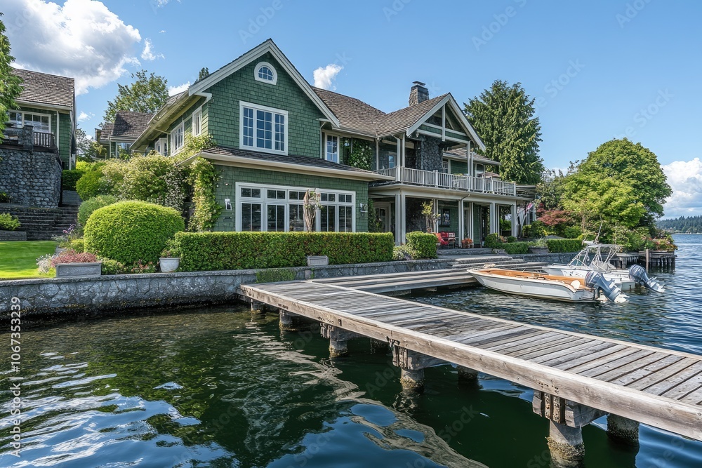 Home with Green Walls and White Trim on Lake Washington, Wooden Dock with Small Boats, Sunny Day in Coastal Washington Home with Green Walls and White Trim on Lake Washington, Wooden Dock with Small Boats, Sunny Day in Coastal Washington