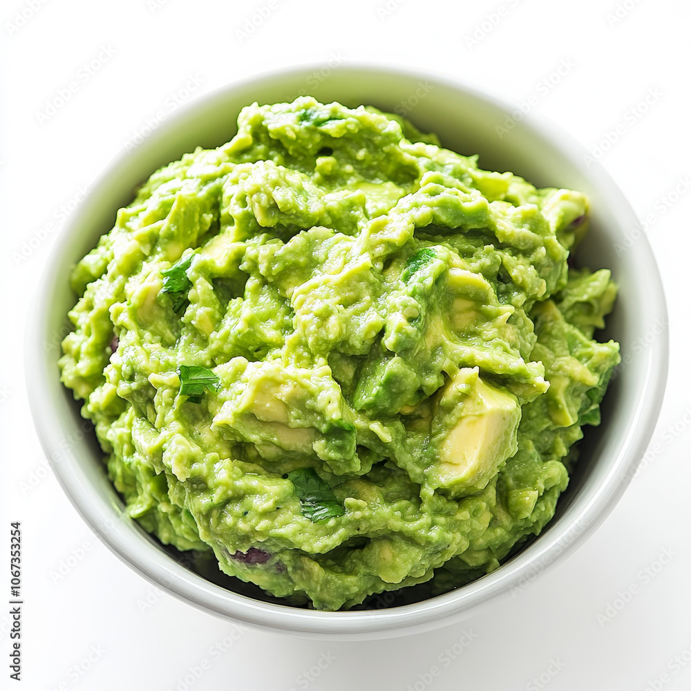 A bowl of freshly made guacamole with visible avocado chunks, isolated on a white background, showcasing a classic dip A bowl of freshly made guacamole with visible avocado chunks, isolated on a white background, showcasing a classic dip