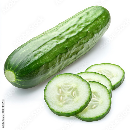 A fresh cucumber slice with seeds visible, isolated on a white background, showcasing a refreshing vegetable option