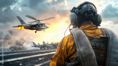 Busy Flight Deck Operations on Aircraft Carrier