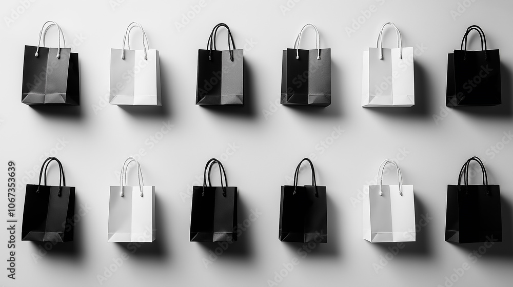High-angle shot of black shopping bags with sleek handles on a plain white background High-angle shot of black shopping bags with sleek handles on a plain white background