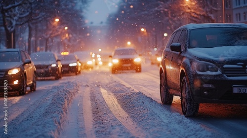 Winter traffic jam on snow-covered road, cars stuck in snowstorm, challenging driving conditions