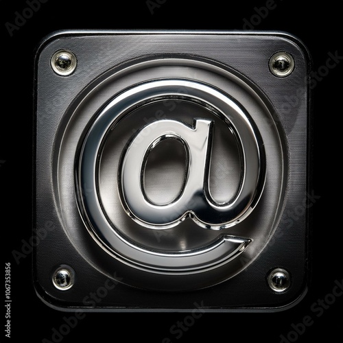 Chromatized metallic @ sign at symbol with decorated frame on black background isolated email message communication at symbol modern silver metal 3d chrome steel iron photo