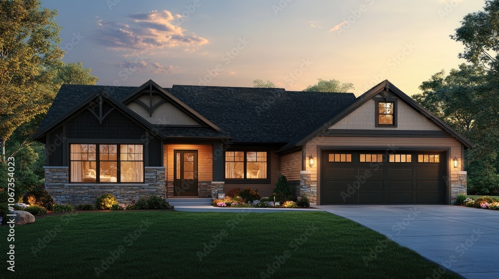 Modern Home with Spacious Driveway and Two Attached Garages, Contemporary Dusk Lighting Modern Home with Spacious Driveway and Two Attached Garages, Contemporary Dusk Lighting