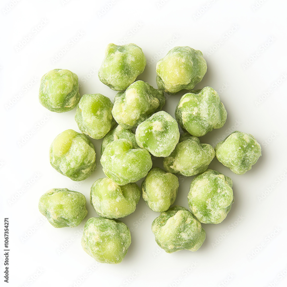 A handful of crunchy wasabi peas, isolated on a white background, highlighting a spicy snack option A handful of crunchy wasabi peas, isolated on a white background, highlighting a spicy snack option
