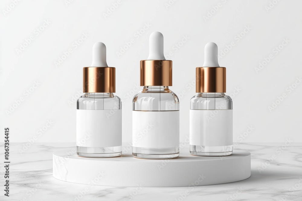 Three bottles of perfume are displayed on a white marble counter Three bottles of perfume are displayed on a white marble counter