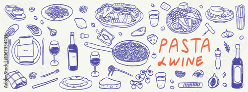 Italian homemade pasta retro vintage doodle drawing. Family dinner, picnic, breakfast or supper with wine, macaroni and snacks. Dolce vita table setting drawings for cafe or restaurant menus design.
