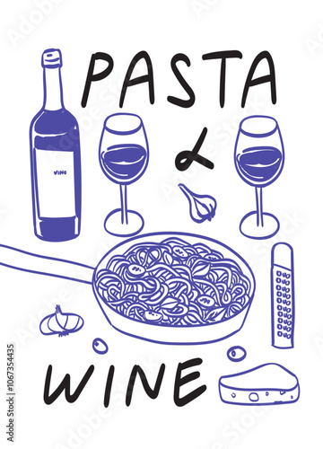 Wine bottle and pasta hand drawn poster for wall art and prints. Vector illustration of vino and macaroni in retro, classic, doodle style perfect for restaurant or cage menu preview or decoration.