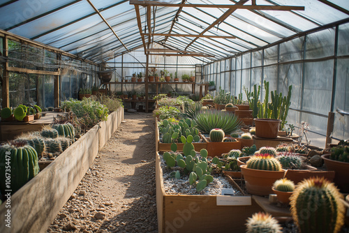 Interior design of greenhouse with plenty of garden pot on wooden shelf, Indoor cactus plant in garden pot, Desert theme glasshouse.