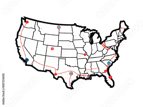 A simplified black and white vector map of North America highlighting major cities, rivers, and mountain ranges.