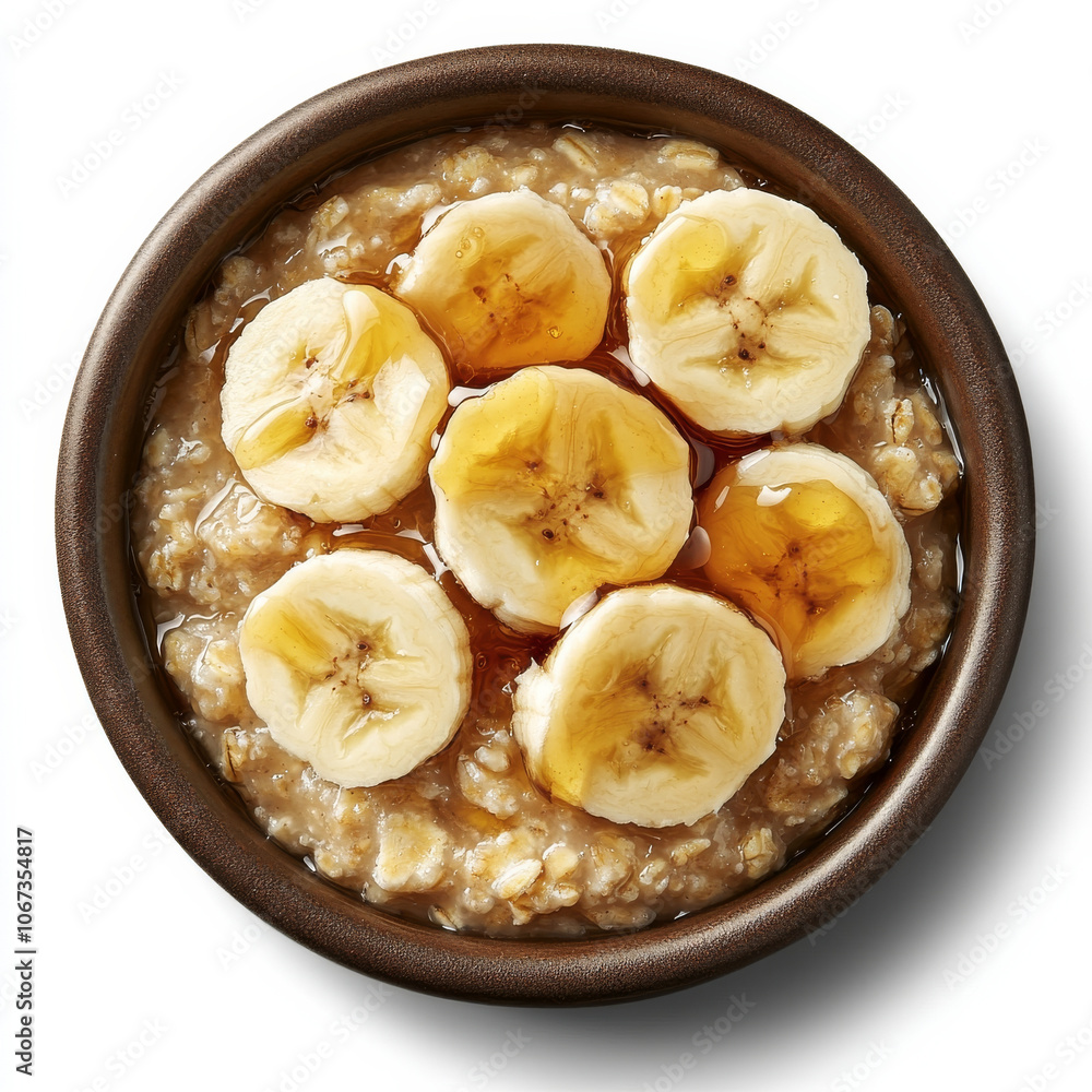 A bowl of oatmeal with sliced bananas and honey drizzle, isolated on a white background, highlighting a wholesome breakfast A bowl of oatmeal with sliced bananas and honey drizzle, isolated on a white background, highlighting a wholesome breakfast