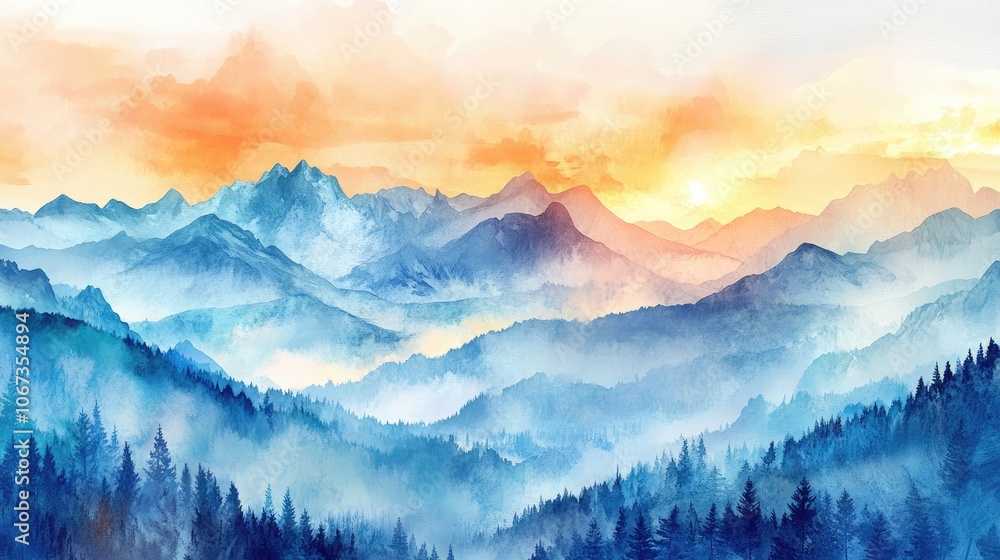 Beautiful Mountain Landscape with Misty Peaks and Colorful Sunset Sky. Hand-Drawn Watercolor Illustration in Soft Blue, Orange, Yellow, and Grey Tones Beautiful Mountain Landscape with Misty Peaks and Colorful Sunset Sky. Hand-Drawn Watercolor Illustration in Soft Blue, Orange, Yellow, and Grey Tones