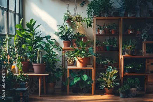 Interior design of greenhouse with plenty of garden pot on wooden shelf, Indoor air purifying plant in garden pot. photo