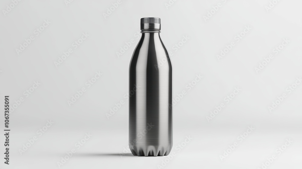 A silver bottle with a metal cap sits on a white background A silver bottle with a metal cap sits on a white background