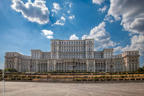 Panoramic view of the Palace of the Parliament Palatul Parlamentului in Bucharest, capital city of Romania, second largest building in the world after The Pentagon