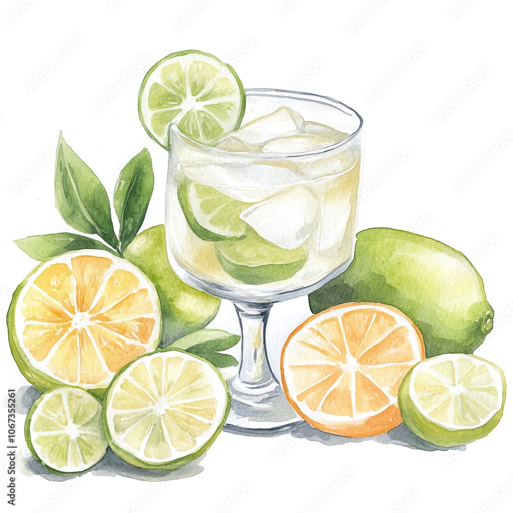 A refreshing cocktail with lime and lemon slices, served in a glass, surrounded by vibrant citrus fruits, , watercolor style A refreshing cocktail with lime and lemon slices, served in a glass, surrounded by vibrant citrus fruits, , watercolor style