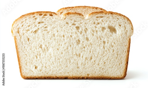 A fresh loaf of white bread, showcasing its soft texture and light golden crust against a clean white background.