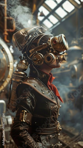 Steampunk Woman in Industrial Setting: Futuristic Fashion and Technology