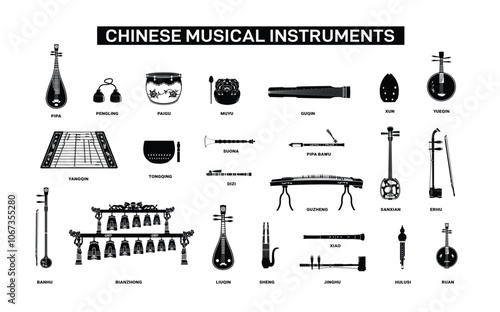 Collection of illustrations of traditional Chinese musical instruments, suitable for music stores and communities