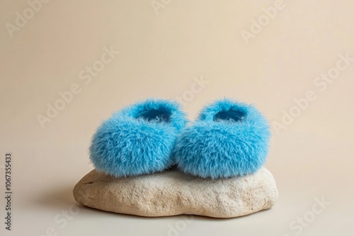 fluffy blue slippers on a beige rock with a minimalist beige background 