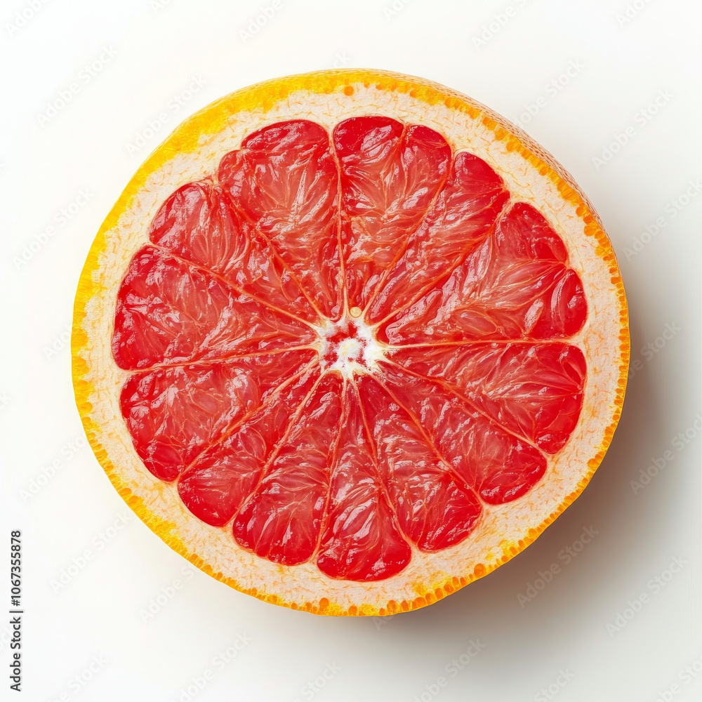 A juicy half of red grapefruit, isolated on a white background, showcasing its vibrant color and juicy texture A juicy half of red grapefruit, isolated on a white background, showcasing its vibrant color and juicy texture