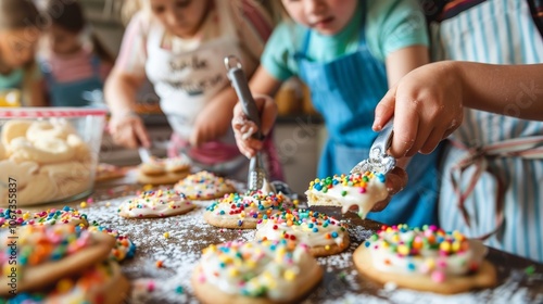 Children in a kitchen baking cookies and decorating them with colorful icing and sprinkles