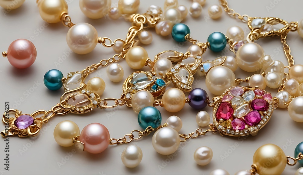 Pearl and Gemstone Jewelry with Gold Chain Details Pearl and Gemstone Jewelry with Gold Chain Details