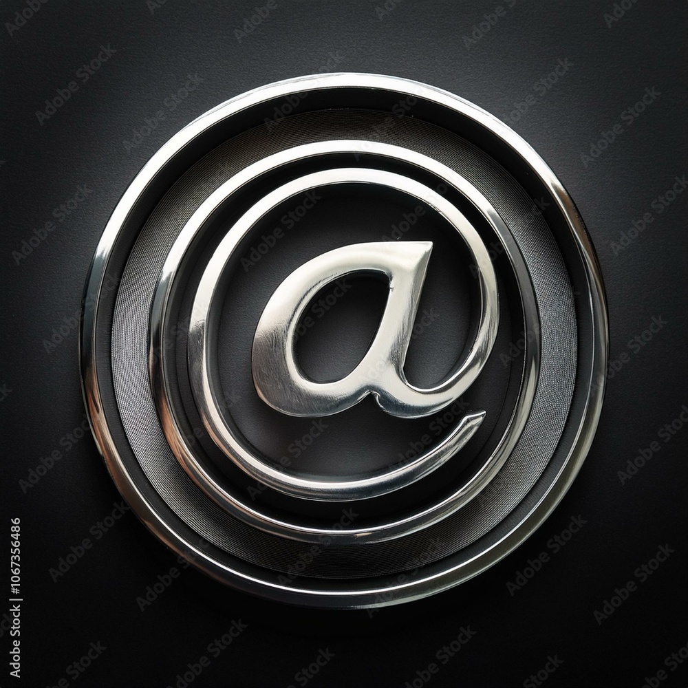 Dark metallic @ sign on black background isolated email message communication shiny chrome metal Dark metallic @ sign on black background isolated email message communication shiny chrome metal