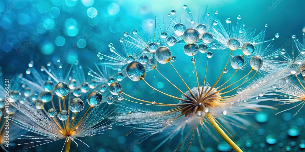 Obraz premium Dandelion Seeds Macro, Water Drops, Blue Turquoise Background