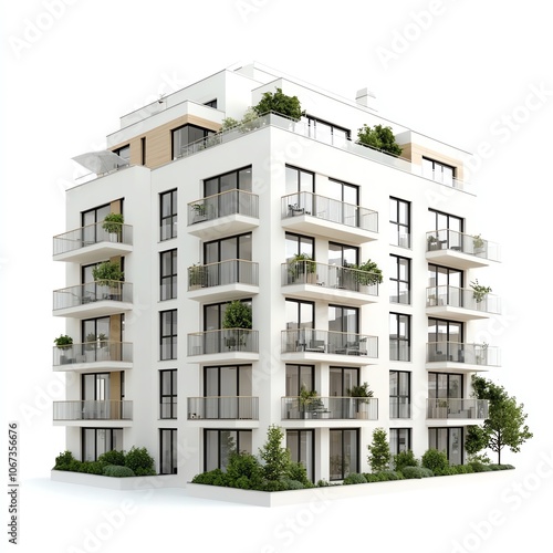 Modern residential building with balconies and greenery, white isolated background.