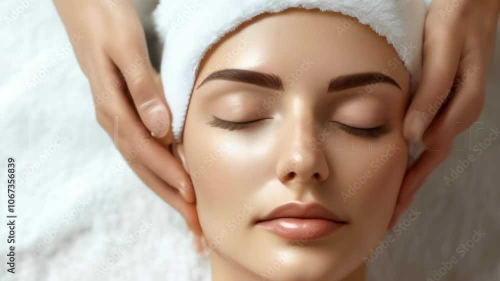 Beautician gently massages woman's face with moisturizing oil, providing relaxing and rejuvenating spa treatment for healthy skin Beautician gently massages woman's face with moisturizing oil, providing relaxing and rejuvenating spa treatment for healthy skin