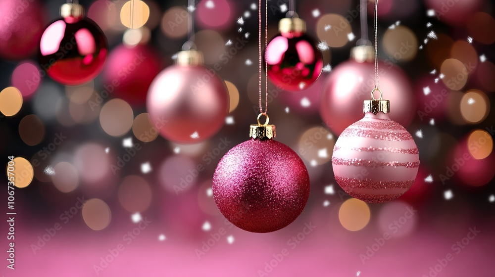 A festive arrangement of pink and red Christmas ornaments hanging against a blurred, colorful background with sparkling lights. A festive arrangement of pink and red Christmas ornaments hanging against a blurred, colorful background with sparkling lights.