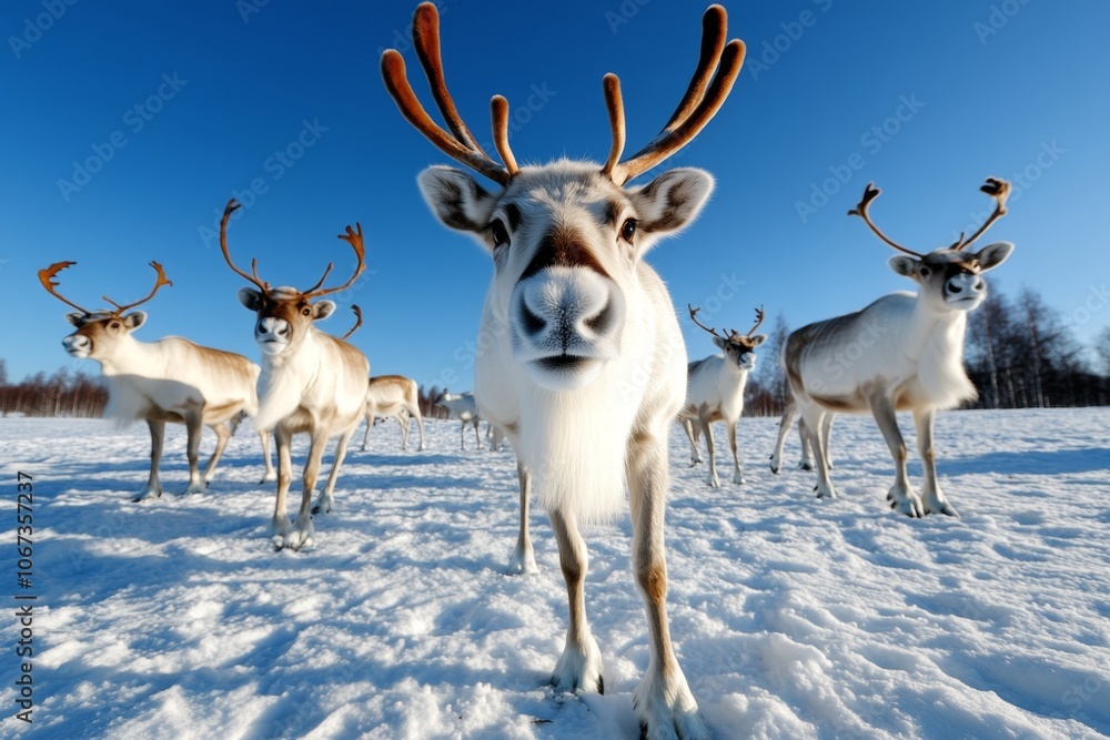 A herd of reindeer crossing a snowy field under a clear, blue sky with their breath visible in the cold air A herd of reindeer crossing a snowy field under a clear, blue sky with their breath visible in the cold air