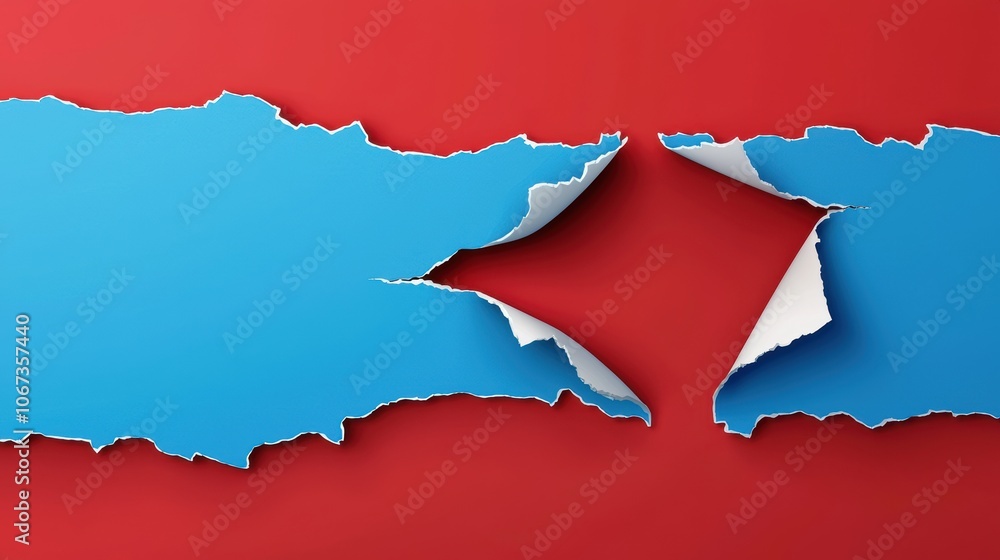 A blue and red paper with a tear in it A blue and red paper with a tear in it