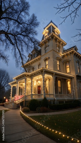 Christmas lights adorn the historic lewis-syford house, built in 1878- lincoln, nebraska, united states of america