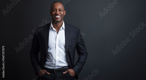 Retrato de um homem afro-americano sorridente com as mãos nos bolsos, isolado photo