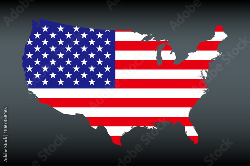 Silhouette of the United States map filled with the American flag, the Old Glory, or Star-Spangled Banner. Stars and stripes stretched across the country contours, set against dark gray background.